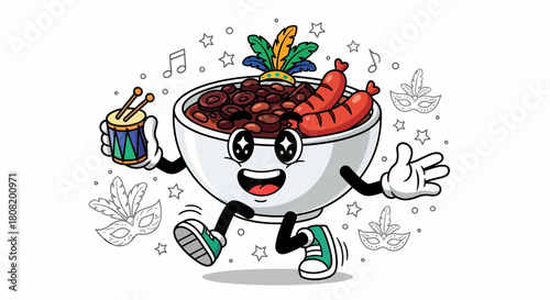 Happy cartoon feijoada bowl character celebrating Brazilian carnival.