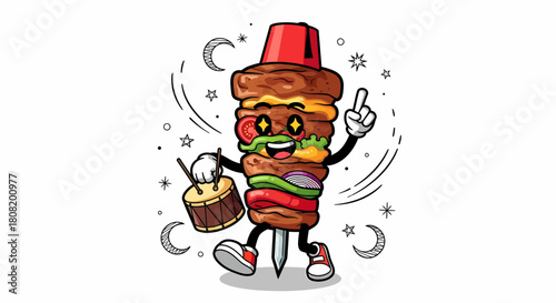 Happy cartoon doner kebab character wearing a fez and holding a drum.