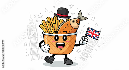 Happy Fish and Chips Cartoon Character with British Flag.