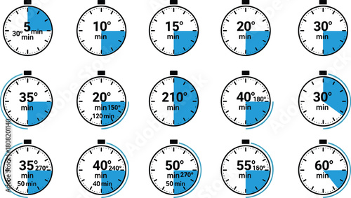 Fifteen flat timer and stopwatch icons, displaying various time intervals from 5 to 60 minutes, perfect for countdowns, duration tracking, and time management concepts