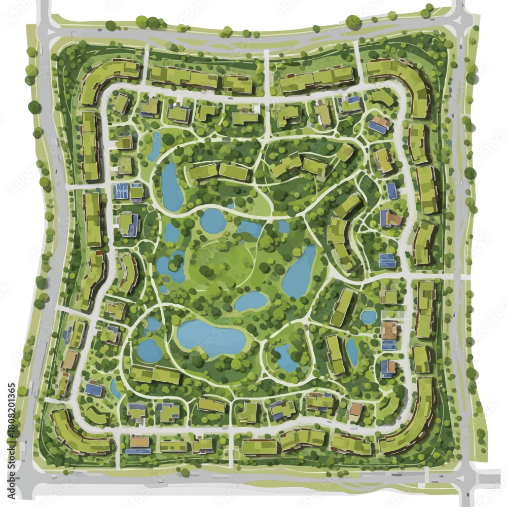 Obraz premium An aerial view showcases a meticulously planned residential community with a central park, ponds, and interconnected roads, promoting sustainable living.
