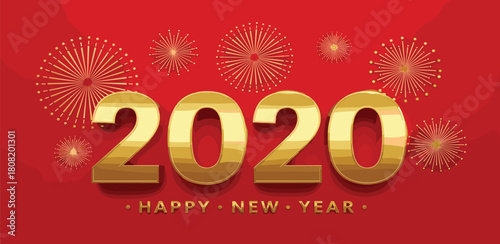 Golden 2020 Happy New Year greeting with fireworks and stars on a red background, a festive celebration of the upcoming year