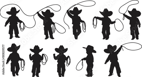 Silhouette of young cowboys with lassos, playful western children performing rodeo tricks, vintage country lifestyle theme, vector illustration collection for design