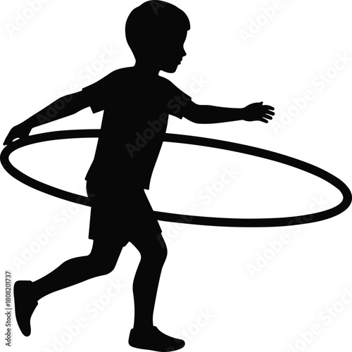 Silhouette of young boy playing with hula hoop, active child enjoying outdoor activity, fun fitness exercise and playful movement vector illustration.