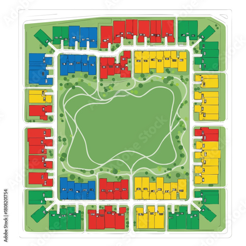 A colorful, vibrant illustration presents a detailed plan of a planned community, showcasing houses, green spaces, and a central park for residents.
