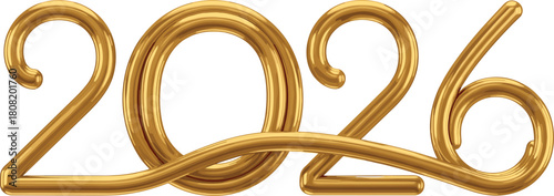 The year 2026 rendered in a luxurious flowing golden metallic tube design, isolated on a white background