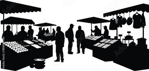 Silhouette people shopping at outdoor market stalls with fruits, vegetables, clothes and goods, vector illustration of local street marketplace scene