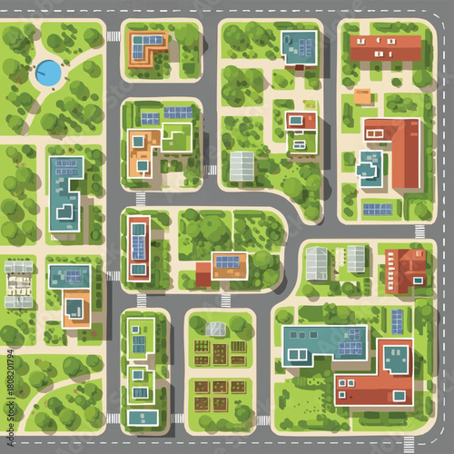 An overhead view of a modern sustainable city with solar panels on rooftops, showcasing eco-friendly urban planning and green spaces.