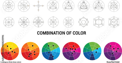Illustrative diagrams exploring color theory principles and geometric patterns, showcasing harmonious combinations and design concepts for visual arts and creative projects