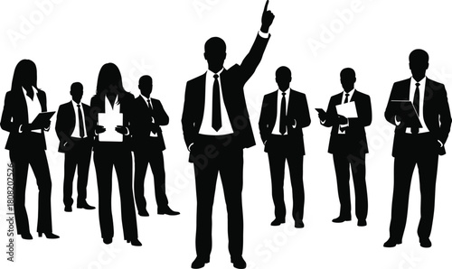 Silhouette vector illustration of business people team standing together, corporate group leadership concept, teamwork and professional communication in office environment, success management design