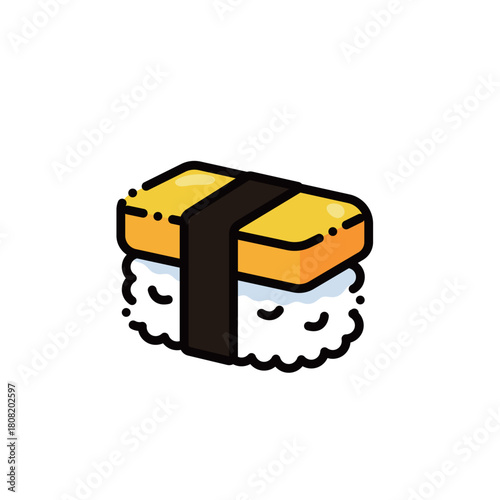 A cute tamago nigiri with golden sweet omelette tied by nori. Perfect for sushi or Japanese food designs. Editable & scalable.