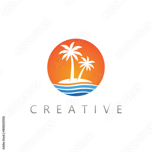 Summer beach coconut palm scenery vector logo for coastal hospitality brand identity
