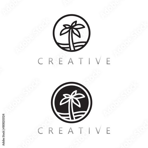 Ocean view coconut tree beach minimalist logo for resort and tourism industry