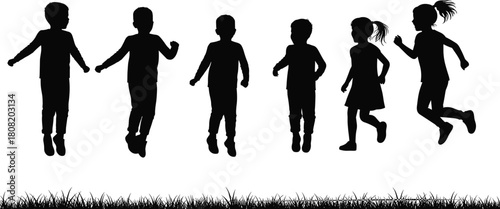 Silhouette vector illustration of children playing and jumping on grass field, outdoor fun concept, happy childhood activity, friendship and joy design