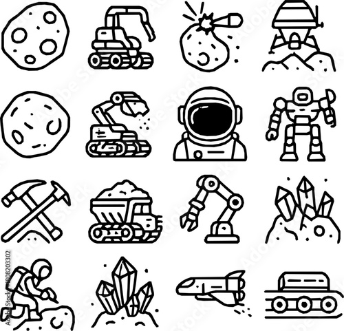 Asteroid Mining Code — 16 Monoline Vector Icons