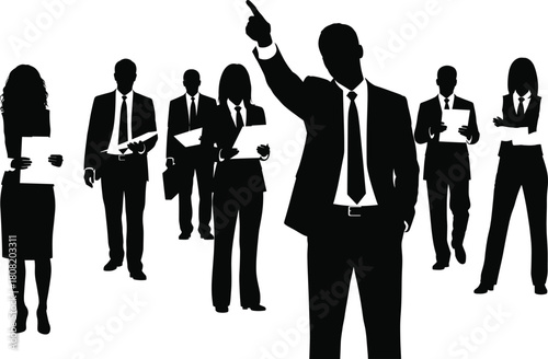 Silhouette vector illustration of confident business team with leader pointing up, teamwork and corporate success concept, professional communication and office management design