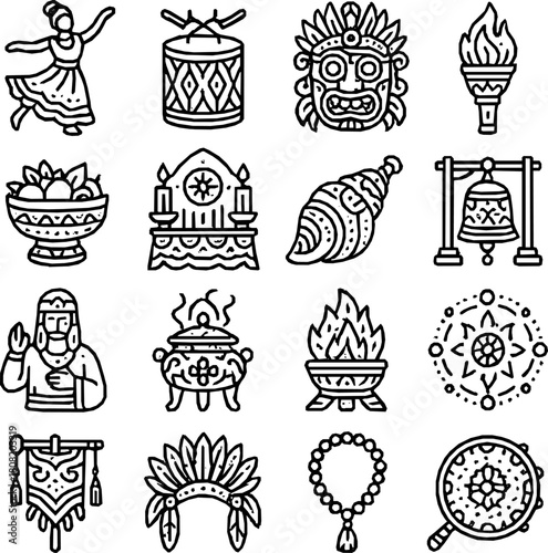 Folk Ritual Structure — 16 Monoline Vector Icons