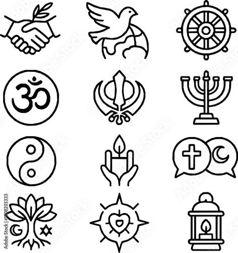Interfaith Coexistence — 16 Precision Monoline Icons