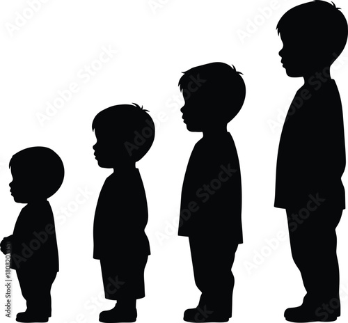 Silhouette vector illustration of children standing in height order, symbolizing childhood growth, development stages, and family concept for educational or parenting design