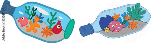 A tiny coral reef ecosystem growing on a broken glass bottle, featuring colorful marine life, small corals, and underwater textures highlighting nature’s resilience and ocean conservation themes