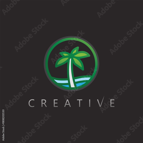 Tropical breeze coconut tree beach silhouette vector for sunny tourism brand identity