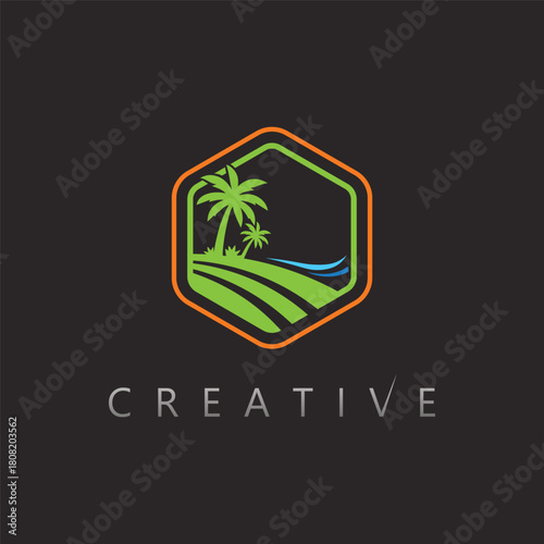 Vibrant beach coconut tree holiday emblem vector design for modern travel companies