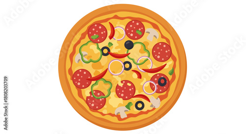 A delectable, round pepperoni pizza generously topped with colorful ingredients, including olives, peppers, and mushrooms, presented as a vibrant flat vector illustration.