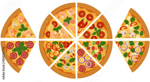 A vibrant vector illustration depicts a whole pizza divided into slices, each featuring a unique topping combination, presented in a clean, modern graphic style.