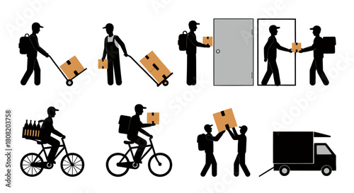 Collection of vector graphics showing delivery people using different methods, such as bicycles, carts, and trucks, to deliver packages to customers' doors.