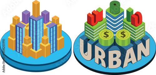 Miniature cityscape built on stack of coins representing economic growth, urban finance, investment metaphor, tiny buildings on money symbolizing wealth development and financial stability concept