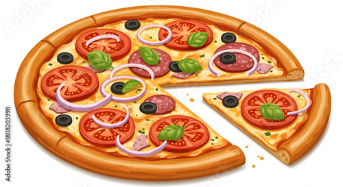 A vibrant vector illustration showcases a delicious, freshly baked pizza with all the classic toppings, perfect for menus, posters, and food-related designs.