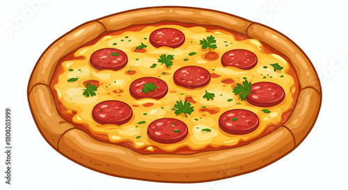 A delicious, classic pepperoni pizza with melted cheese and fresh herbs is presented as a vibrant cartoon vector illustration on a clean white background.
