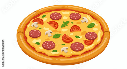 A delicious, freshly baked pepperoni pizza, featuring vibrant toppings like tomatoes, mushrooms, and basil, presented in a colorful, appetizing vector illustration on a clean white background.