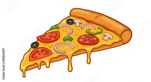 A delicious, cheesy slice of Italian pizza, richly topped with pepperoni, vegetables, and melted cheese, presented as a vibrant vector illustration.