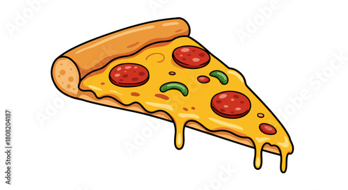 A vibrant vector illustration showcases a delicious slice of pizza, complete with melted cheese, pepperoni, and green peppers, isolated on a clean white background.