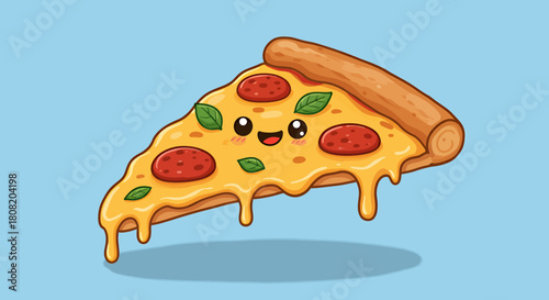 A delightful and charming cartoon pizza slice with a happy face, gooey melted cheese, and pepperoni toppings, presented as a cheerful vector illustration.