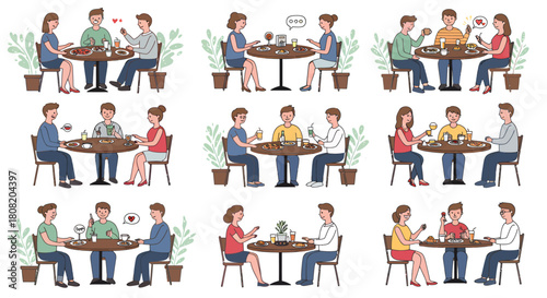 A collection of diverse vector illustrations showing friends and couples dining together at restaurant tables, enjoying meals and conversation.