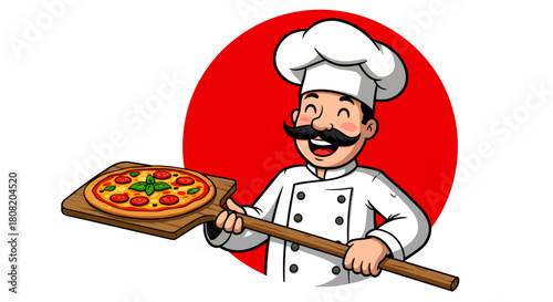 A cheerful cartoon chef proudly presents a freshly baked pizza, a delicious culinary creation, with a red background, ideal for food-related projects.