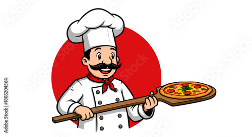 A smiling cartoon chef in a white uniform and hat proudly presents a delicious pepperoni pizza on a wooden peel, isolated on a clean white background.