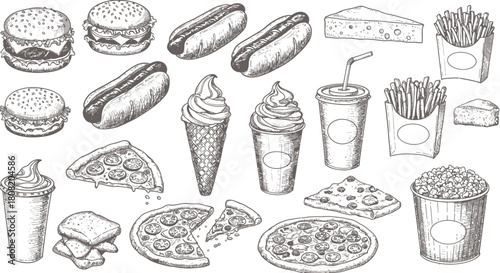 A vector illustration features a variety of fast food items, including burgers, hot dogs, pizza slices, ice cream, french fries, and soda, all rendered in a sketch style.