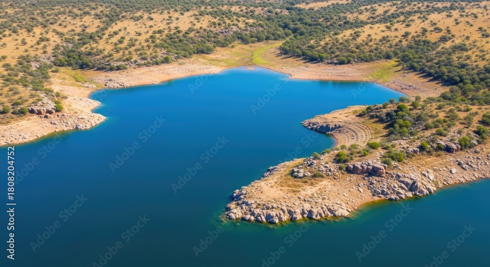 Obraz premium Aerial View of a Serene Lake Surrounded by Lush Greenery.