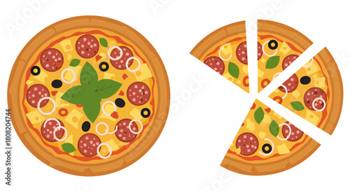 A vibrant vector illustration features a delicious whole pizza topped with pepperoni, olives, and basil, presented next to a separate portion with three slices removed.