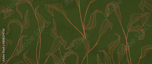 A foliage art background with grass and leaves in a line style in coral colors. A botanical banner for decor, prints, textiles, posters, interiors, and packaging.
