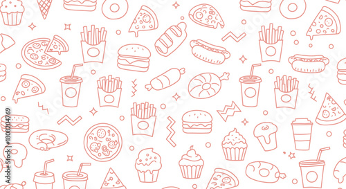 A delightful seamless pattern featuring hand-drawn fast food icons like pizza, burgers, and fries, perfect for restaurant branding or digital backgrounds.