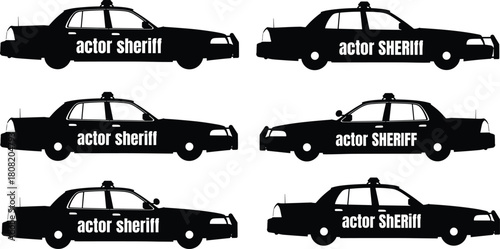 Silhouette vector illustration of police cars with text variations actor sheriff, creative typography design concept for law enforcement vehicle graphic template