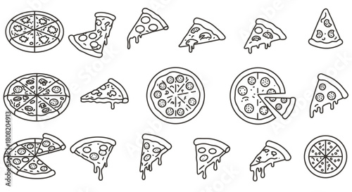 A collection of vector pizza illustrations in a line art style, showcasing whole pizzas and individual slices with various toppings and melting cheese, perfect for design.