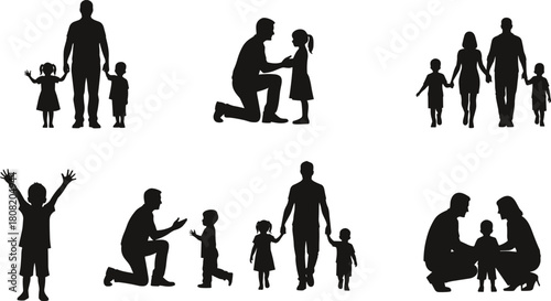 Family Silhouettes Set of Parents and Children Interacting, Representing Parenthood, Love, Care, Childhood, Bonding, Happy Home Life, and Educational Vector