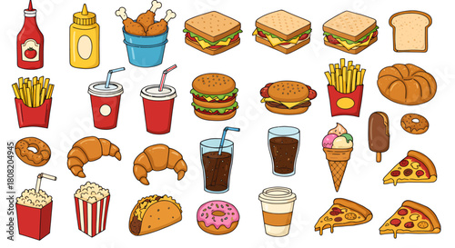 Isometric vector illustration showcasing a variety of fast food items including pizza slices, burgers, fries, and drinks, perfect for restaurant menus and food-related designs.