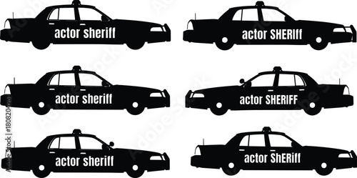 Silhouette vector illustration of police sheriff cars with text design, patrol vehicle collection, law enforcement transport icons for security, justice, and crime prevention themes