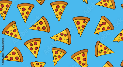 An appetizing vector illustration showcases several pepperoni pizza slices with melted cheese, displayed against a light blue background, perfect for food-related designs and promotions.
